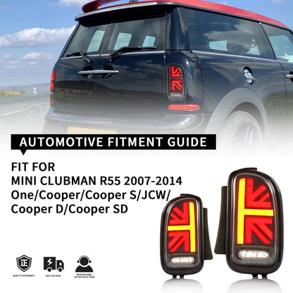 Mini Clubman R55 LED Tail Lights – Union Jack, Sequential Turn (2007–2014)